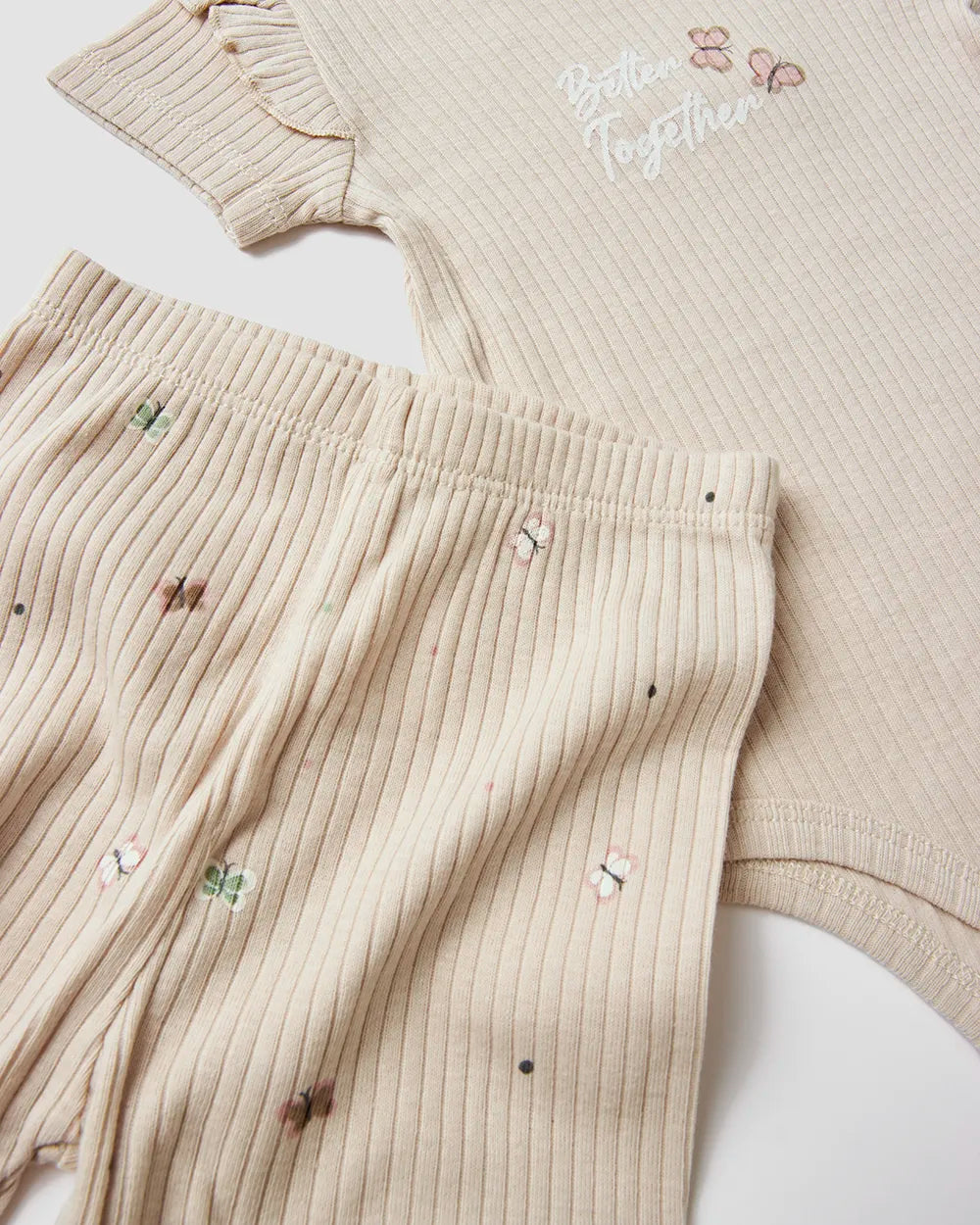 סט בגד גוף קצר צווארון + מכנסיים קצרים ריב Butterflies | אבן