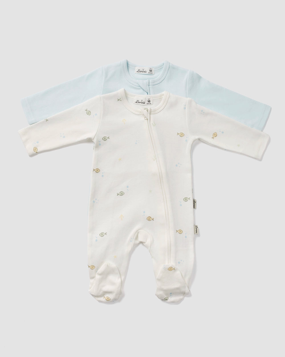 מארז זוג אוברולים מבד טריקו Fish | אופוויט ותכלת